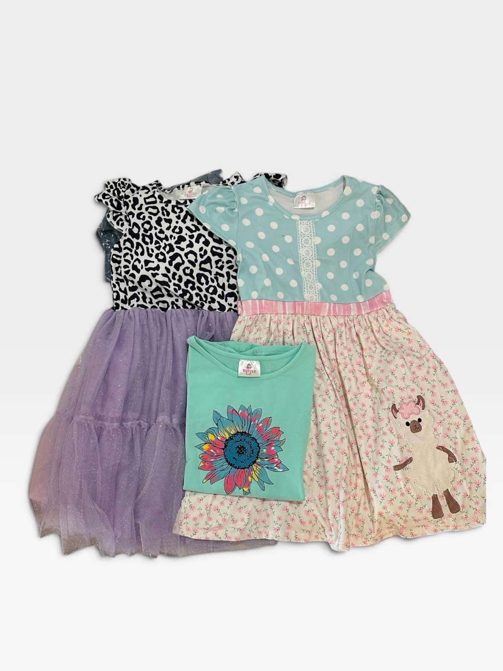 Bundle of 3 Ruffle Girl items. Featuring Polka Dot and Floral with Llama Dress